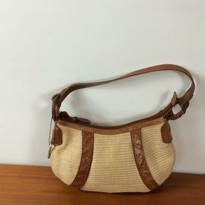 Fossil brown leather and tan straw bag